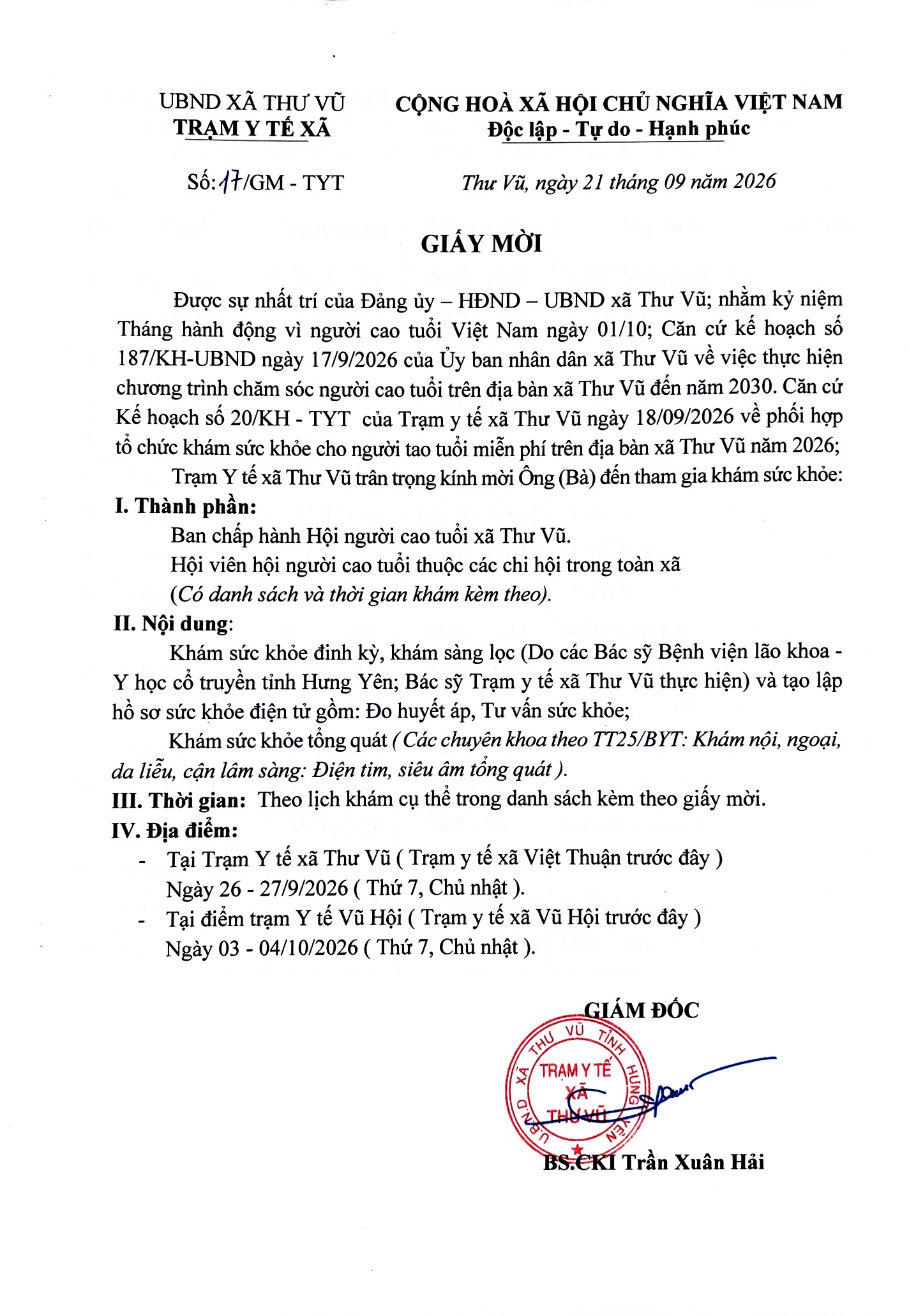 LỊCH KHÁM SỨC KHỎE MIỄN PHÍ VÀ LẬP HỒ SƠ SỨC KHỎE ĐIỆN TỬ CHO NGƯỜI CAO TUỔI XÃ THƯ VŨ NĂM 2026
