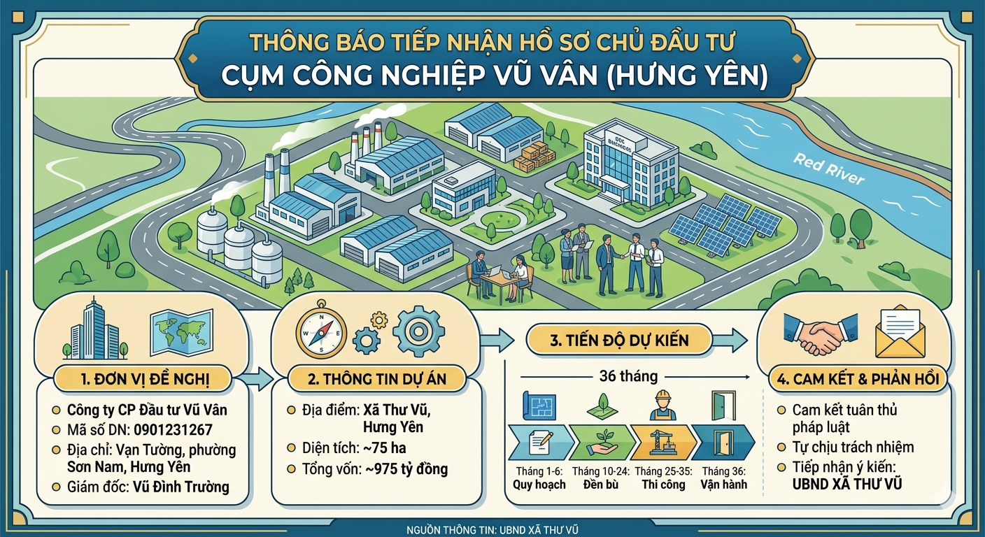 THÔNG BÁO  Về việc tiếp nhận hồ sơ đề nghị làm chủ đầu tư xây dựng hạ tầng kỹ thuật Cụm công nghiệp Vũ Vân