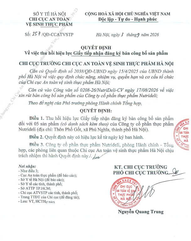 THÔNG TIN VỀ SẢN PHẨM BỊ THU HỒI HIỆU LỰC GIẤY TIẾP NHẬN ĐĂNG KÝ BẢN CÔNG BỐ SẢN PHẨM